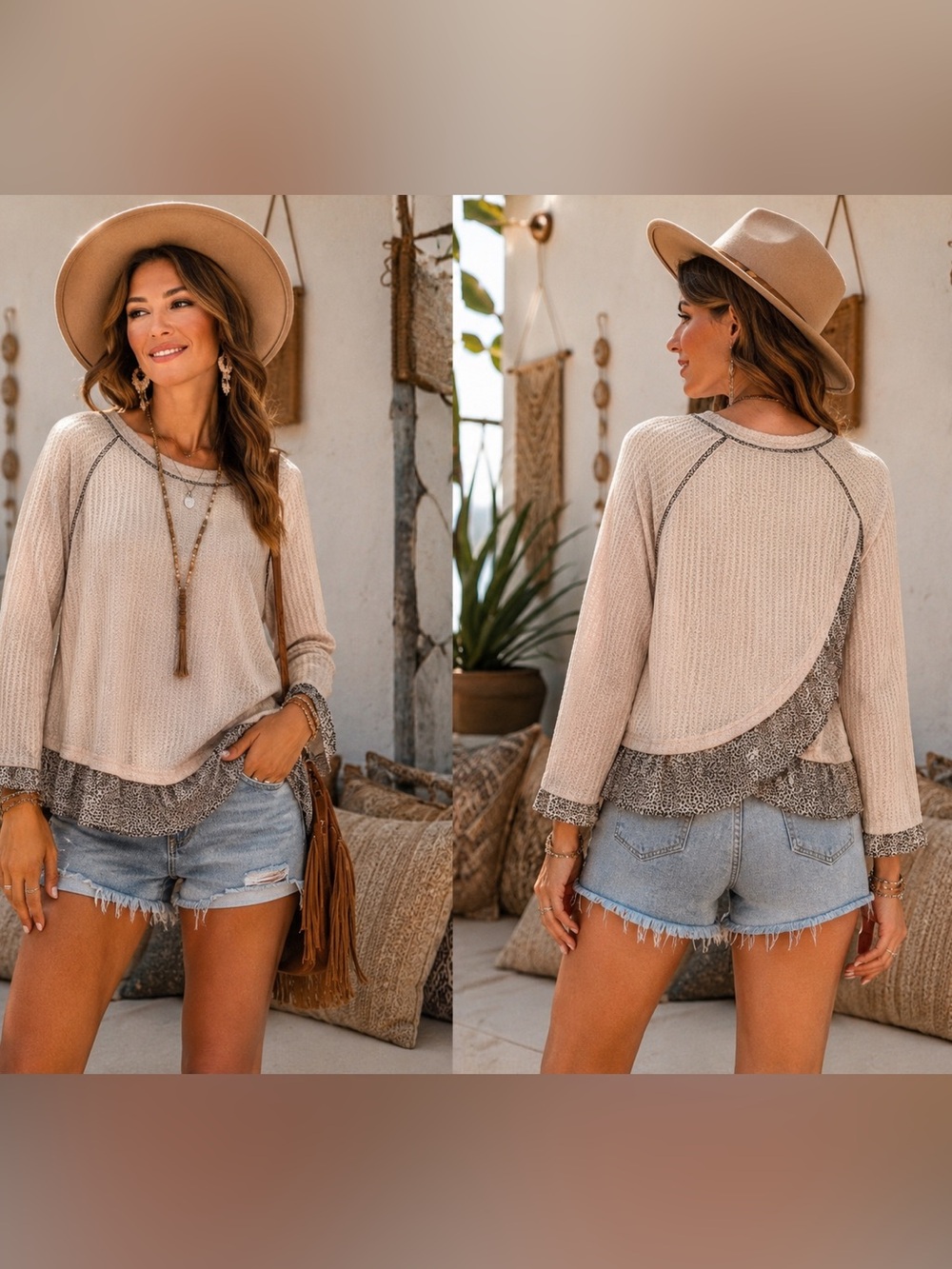 NWT Umgee Waffle Knit Layered Back Top | Boho Leopard Ruffle | Size Small